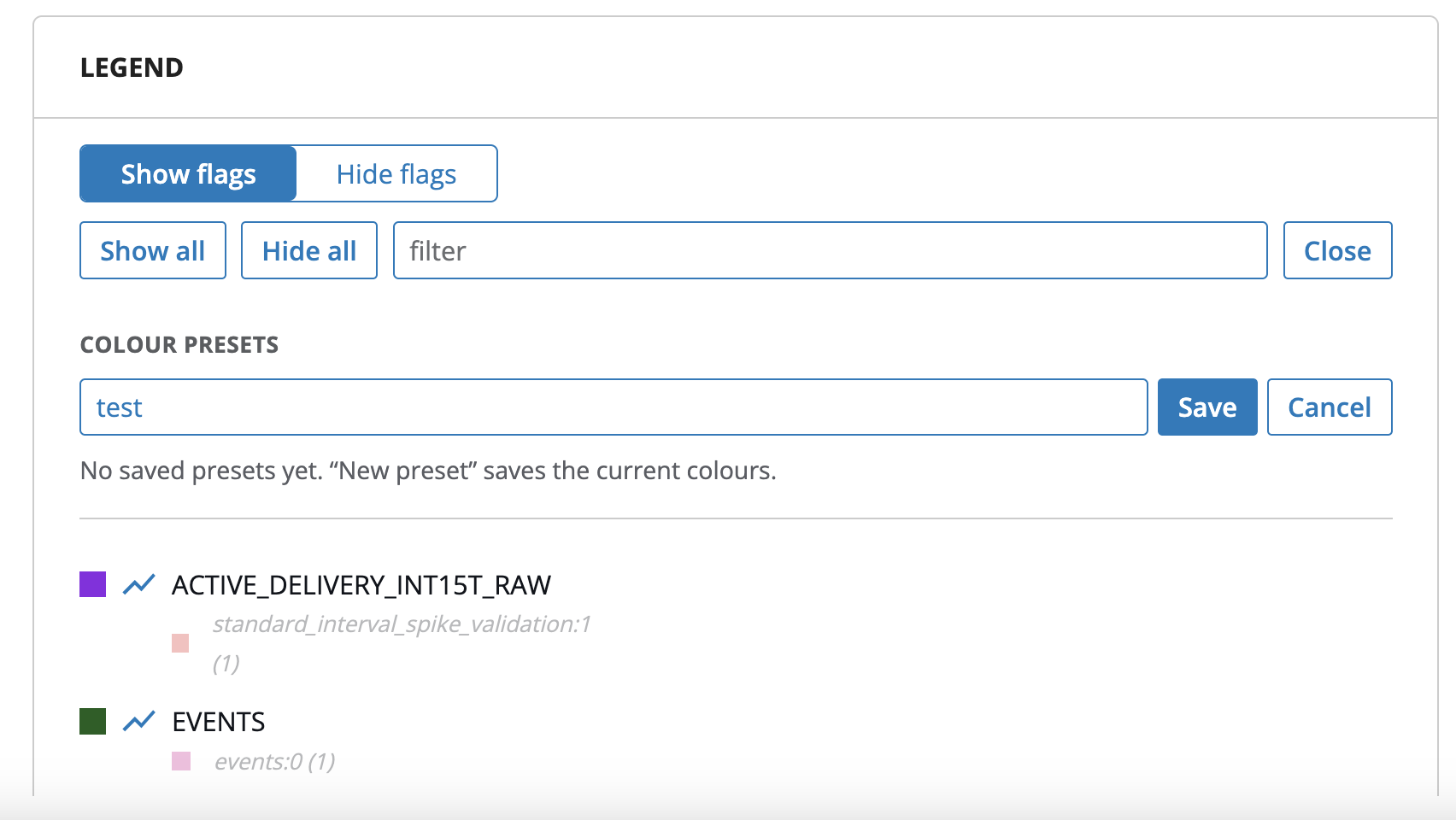 The Colour presets panel with a new preset name typed in