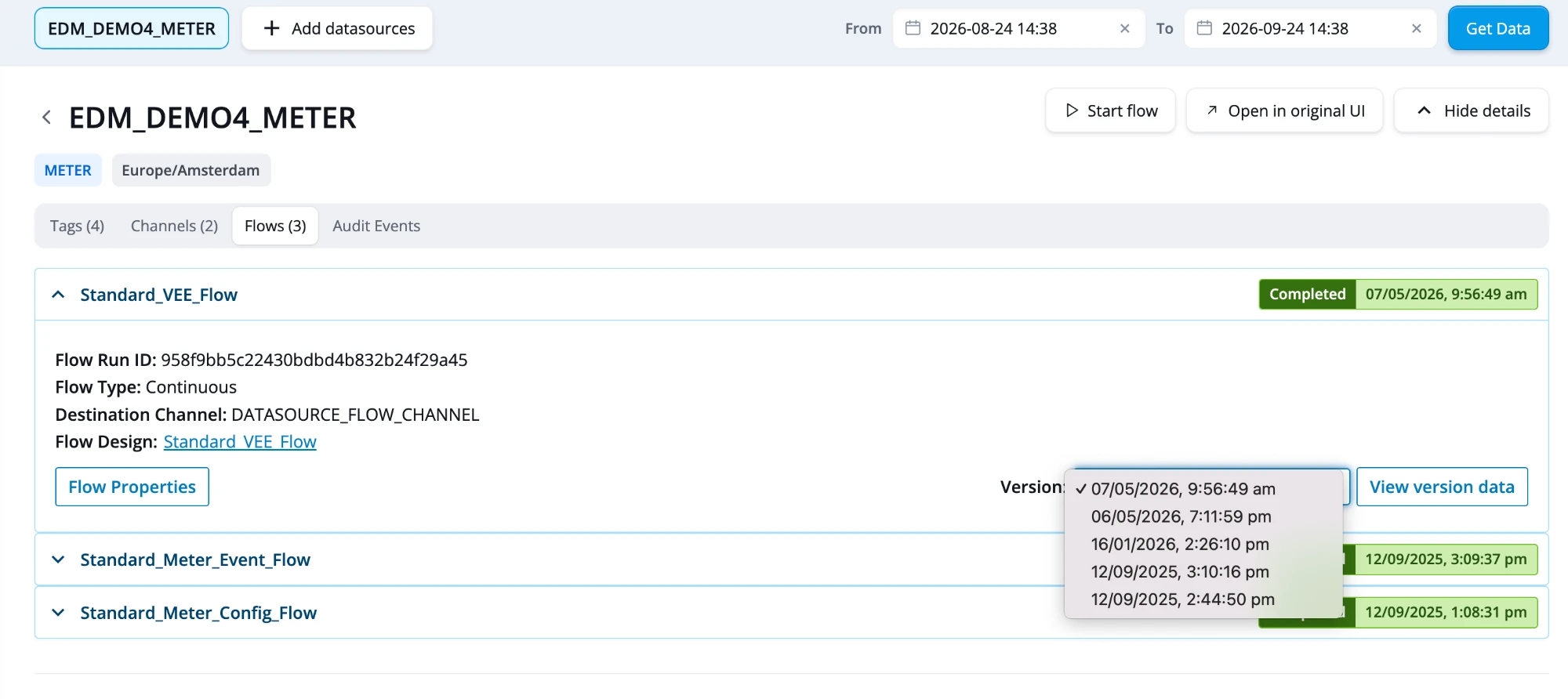 The Flows tab with the version list open