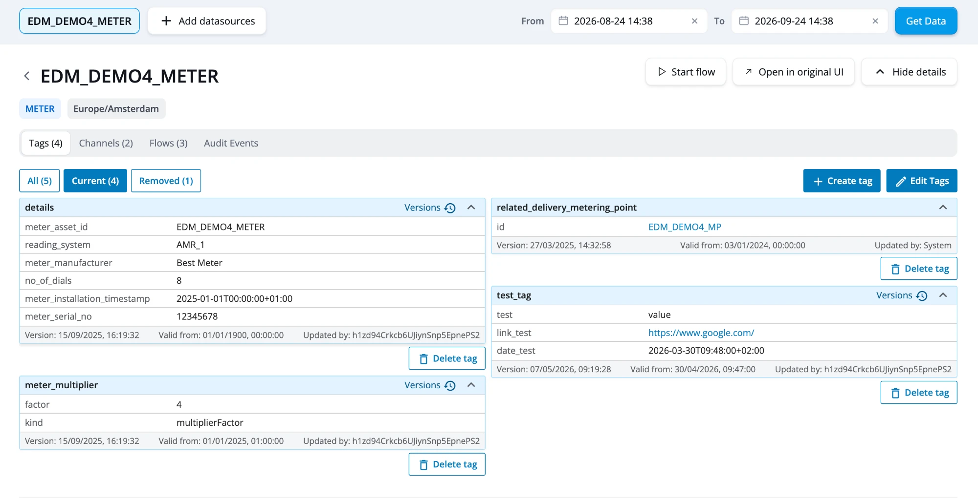 The datasource page with the Tags tab open