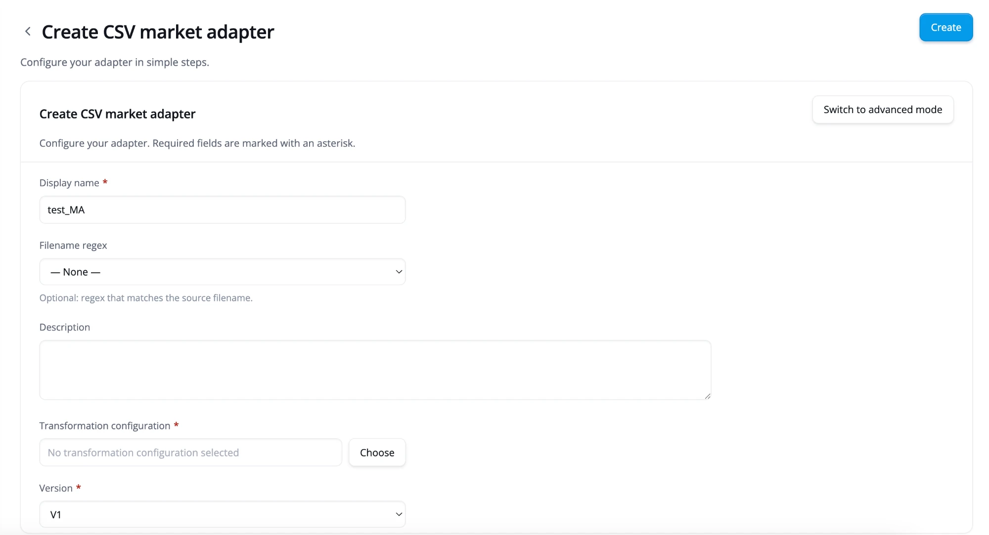 Create CSV market adapter form