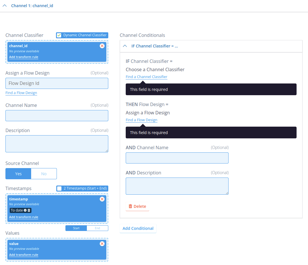 Example of the configuration of a dynamic channel classifier in a transformation configuration with the “Channel Conditionals” tab open